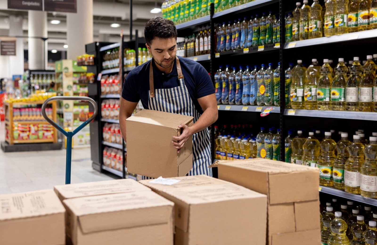 A retail clerk restocking shelves in a supermarket
